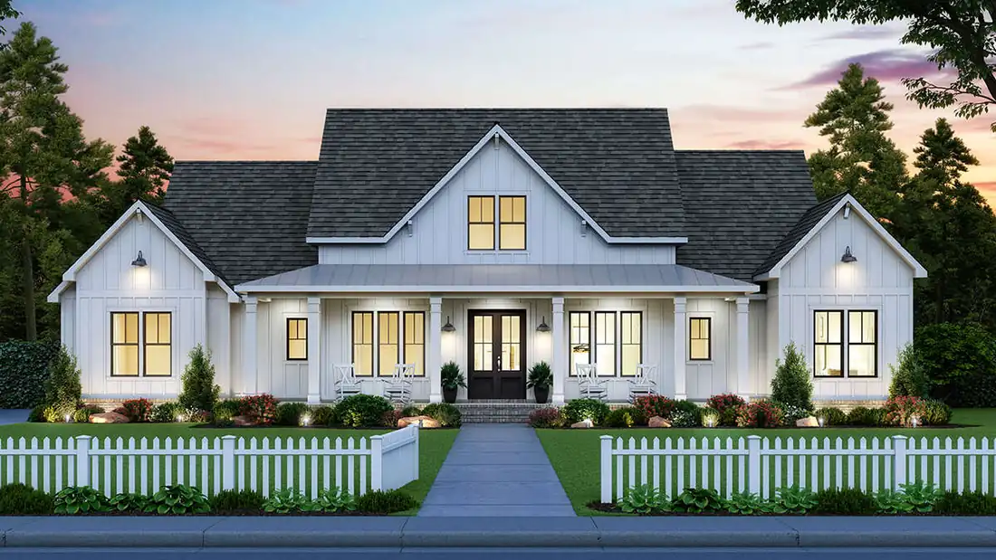 Rendering of a white board-and-batten farmhouse with a white picket fence at dusk