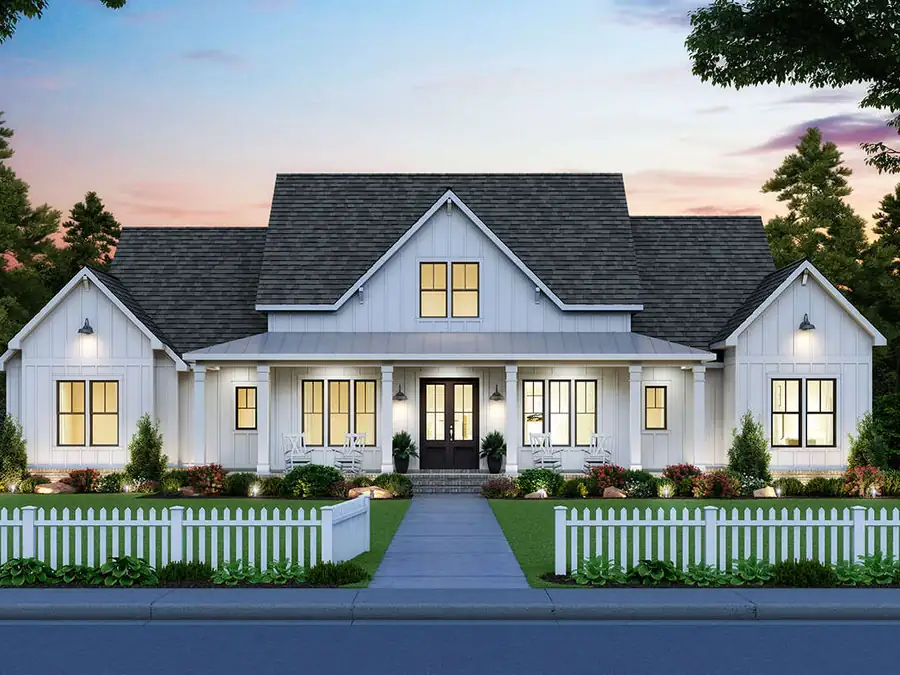 Rendering of a white board-and-batten farmhouse at dusk with the windows lit